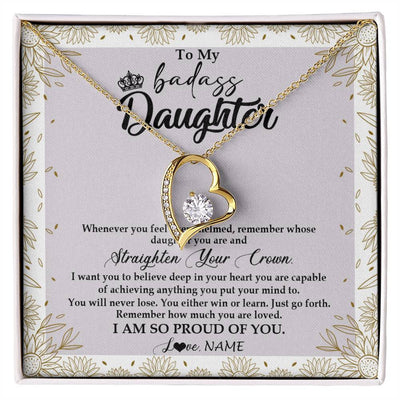 Forever Love Necklace 18K Yellow Gold Finish | Personalized To My Daughter Necklace From Mom Dad Straighten Your Crown Daughter Birthday Christmas Graduation Jewelry Customized Gift Box Message Card | siriusteestore