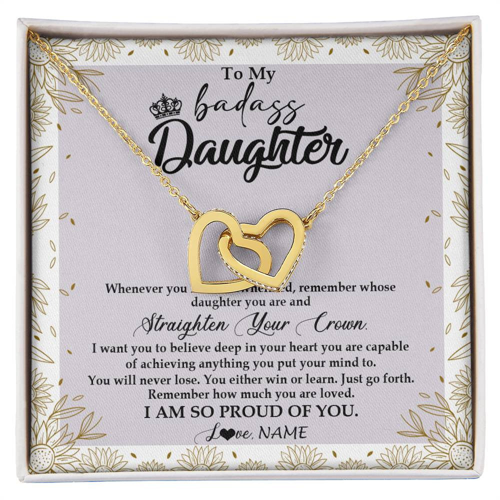 Interlocking Hearts Necklace 18K Yellow Gold Finish | Personalized To My Daughter Necklace From Mom Dad Straighten Your Crown Daughter Birthday Christmas Graduation Jewelry Customized Gift Box Message Card | siriusteestore