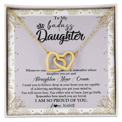 Interlocking Hearts Necklace 18K Yellow Gold Finish | Personalized To My Daughter Necklace From Mom Dad Straighten Your Crown Daughter Birthday Christmas Graduation Jewelry Customized Gift Box Message Card | siriusteestore