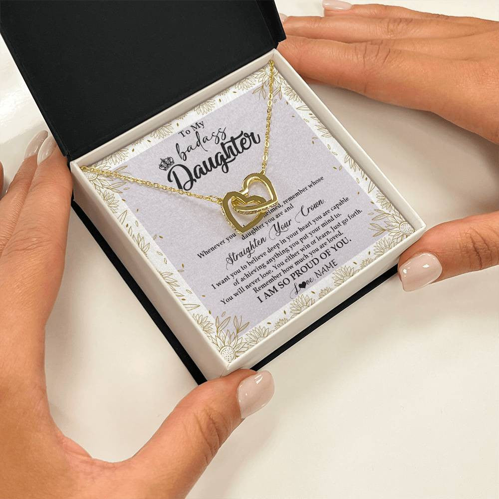Interlocking Hearts Necklace 18K Yellow Gold Finish | Personalized To My Daughter Necklace From Mom Dad Straighten Your Crown Daughter Birthday Christmas Graduation Jewelry Customized Gift Box Message Card | siriusteestore