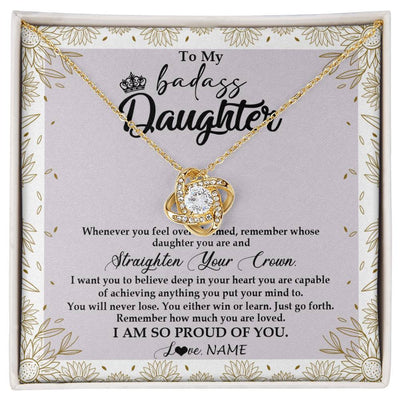 Love Knot Necklace 18K Yellow Gold Finish | Personalized To My Daughter Necklace From Mom Dad Straighten Your Crown Daughter Birthday Christmas Graduation Jewelry Customized Gift Box Message Card | siriusteestore