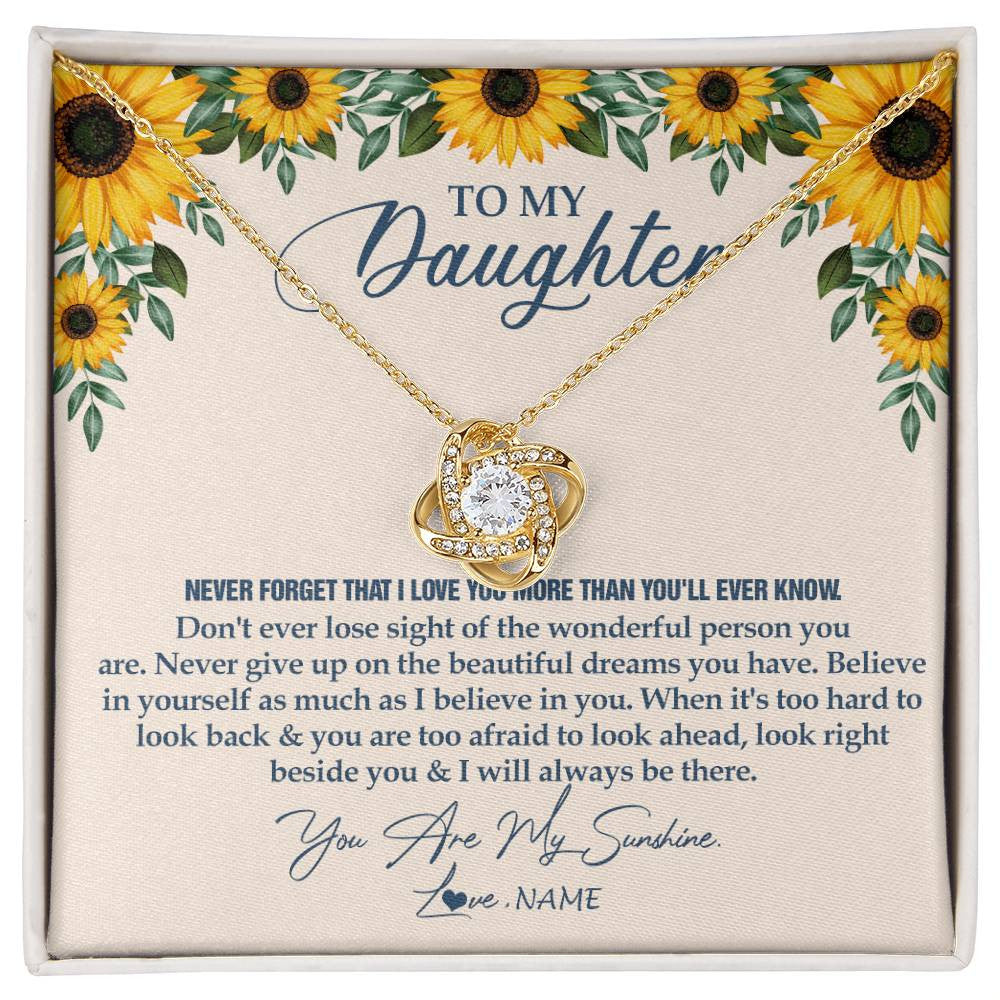 Love Knot Necklace 18K Yellow Gold Finish | Personalized To My Daughter Necklace From Mom Dad Sunflower You Are My Sunshine Daughter Jewelry Graduation Birthday Christmas Customized Gift Box Message Card | siriusteestore