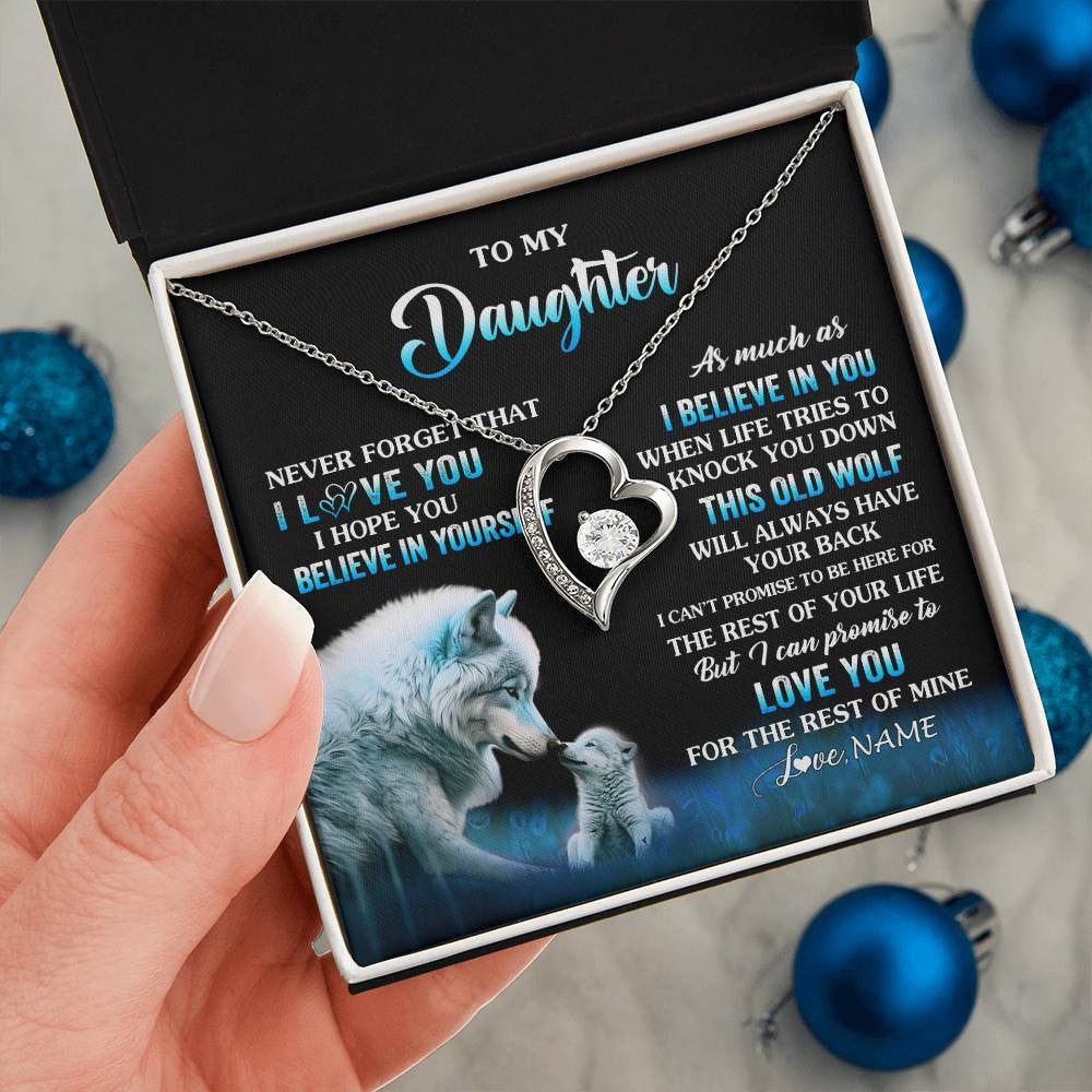 Forever Love Necklace 14K White Gold Finish | 2 | Personalized To My Daughter Necklace From Mom Dad This Old Wolf Love Daughter Birthday Gifts Jewelry Graduation Christmas Customized Gift Box Message Card | siriusteestore