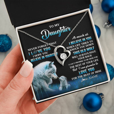 Forever Love Necklace 14K White Gold Finish | 2 | Personalized To My Daughter Necklace From Mom Dad This Old Wolf Love Daughter Birthday Gifts Jewelry Graduation Christmas Customized Gift Box Message Card | siriusteestore