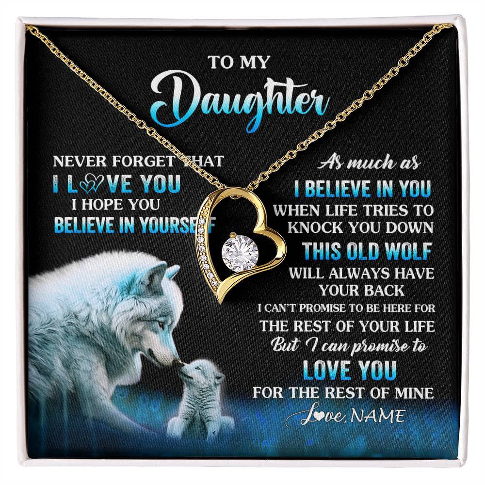 Forever Love Necklace 18K Yellow Gold Finish | 1 | Personalized To My Daughter Necklace From Mom Dad This Old Wolf Love Daughter Birthday Gifts Jewelry Graduation Christmas Customized Gift Box Message Card | siriusteestore