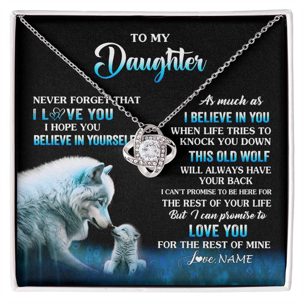 Love Knot Necklace 14K White Gold Finish | 1 | Personalized To My Daughter Necklace From Mom Dad This Old Wolf Love Daughter Birthday Gifts Jewelry Graduation Christmas Customized Gift Box Message Card | siriusteestore
