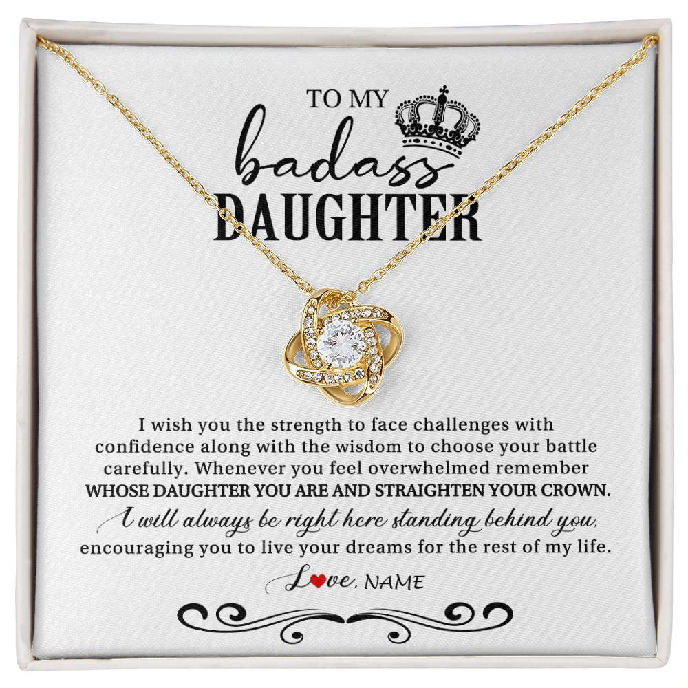 Love Knot Necklace 18K Yellow Gold Finish | Personalized To My Daughter Necklace From Mom Dad Wish You The Strength Daughter Birthday Graduation Christmas Jewelry Customized Gift Box Message Card | siriusteestore