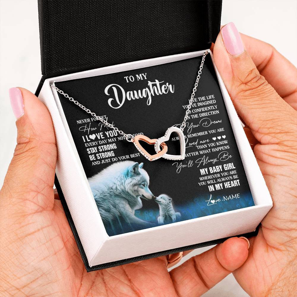 Interlocking Hearts Necklace Stainless Steel & Rose Gold Finish | 2 | Personalized To My Daughter Necklace From Mom Dad Wolf Never Forget How Much I Love You Daughter Birthday Gifts Christmas Customized Gift Box Message Card | siriusteestore