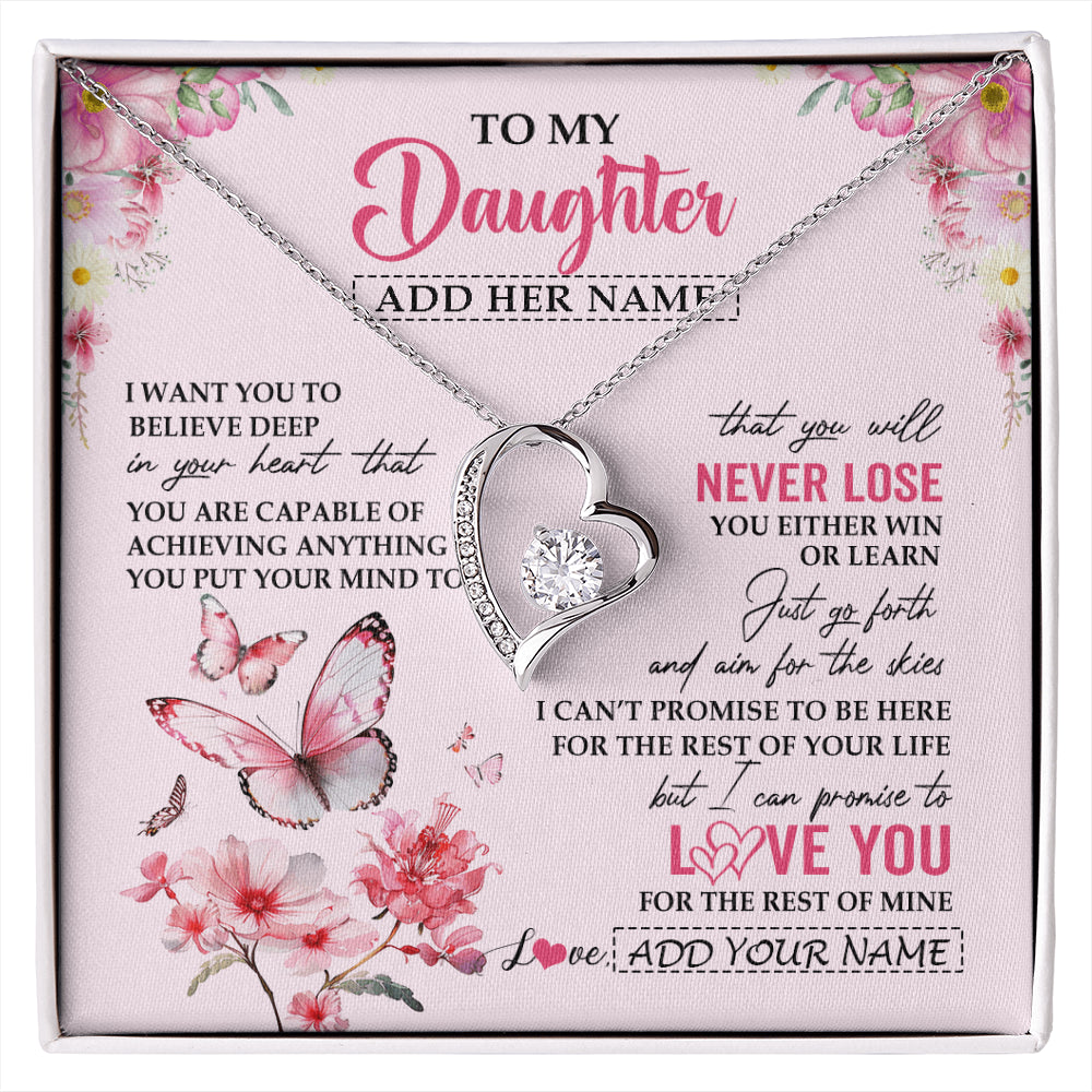 Forever Love Necklace 14K White Gold Finish | 1 | Personalized To My Daughter Necklace From Mom Dad You Will Never Lose Butterfly Daughter Birthday Gifts Graduation Christmas Customized Gift Box Message Card | siriusteestore