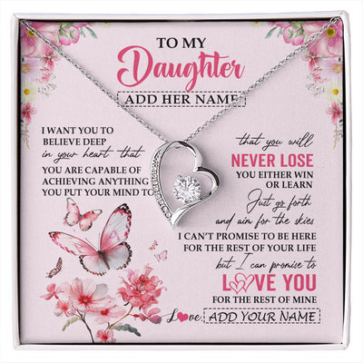 Forever Love Necklace 14K White Gold Finish | 1 | Personalized To My Daughter Necklace From Mom Dad You Will Never Lose Butterfly Daughter Birthday Gifts Graduation Christmas Customized Gift Box Message Card | siriusteestore