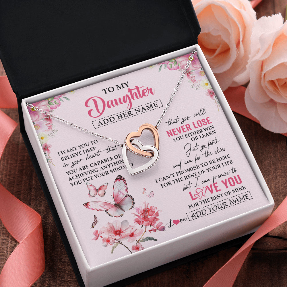 Interlocking Hearts Necklace Stainless Steel & Rose Gold Finish | 2 | Personalized To My Daughter Necklace From Mom Dad You Will Never Lose Butterfly Daughter Birthday Gifts Graduation Christmas Customized Gift Box Message Card | siriusteestore