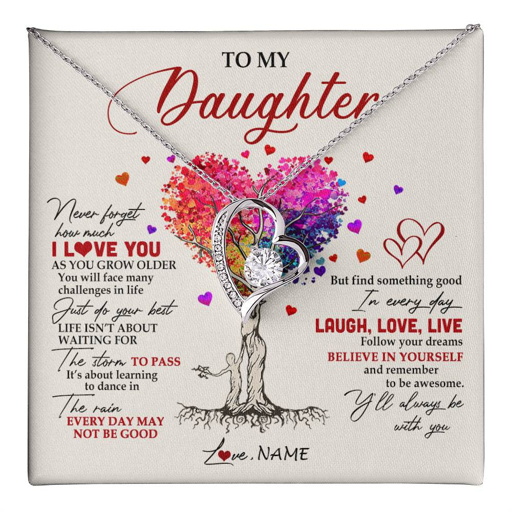 Forever Love Necklace 14K White Gold Finish | 1 | Personalized To My Daughter Necklace From Mom Mother Colorful Tree Never Forget I Love You Daughter Birthday Christmas Customized Gift Box Message Card | siriusteestore
