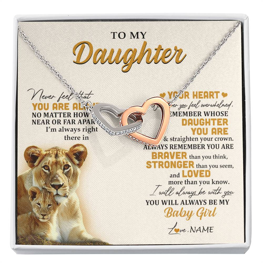 Interlocking Hearts Necklace Stainless Steel & Rose Gold Finish | 1 | Personalized To My Daughter Necklace From Mom Mother Lion Never Feel That You Are Alone Great Daughter Birthday Christmas Customized Gift Box Message Card | siriusteestore