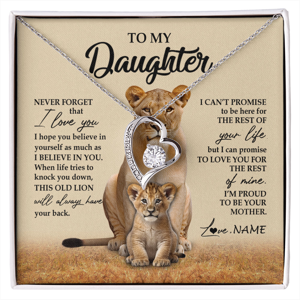 Forever Love Necklace 14K White Gold Finish | 1 | Personalized To My Daughter Necklace From Mom Mother Lion Never Forget That I Love You Daughter Jewelry Birthday Graduation Christmas Customized Message Card | siriusteestore
