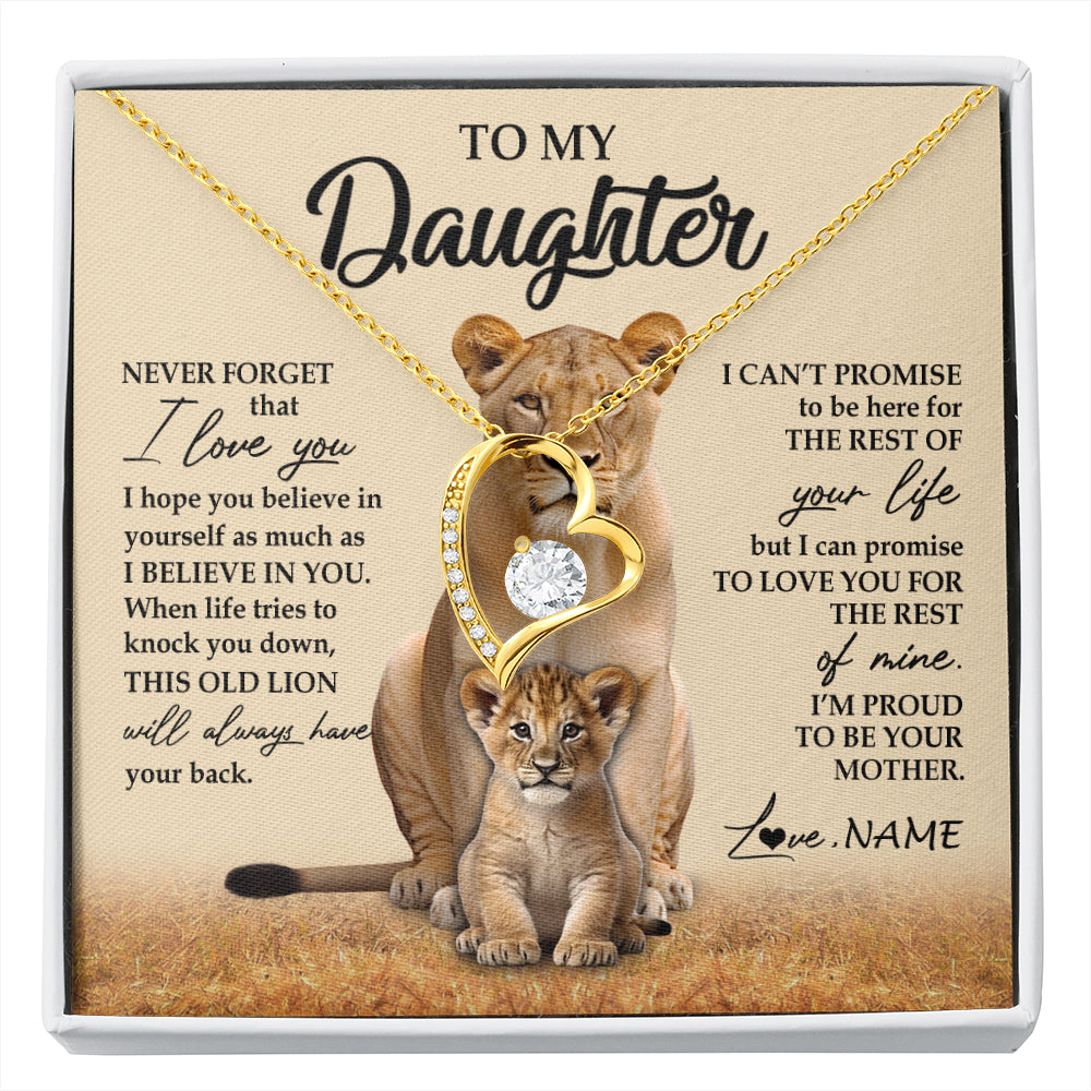 Forever Love Necklace 18K Yellow Gold Finish | 1 | Personalized To My Daughter Necklace From Mom Mother Lion Never Forget That I Love You Daughter Jewelry Birthday Graduation Christmas Customized Message Card | siriusteestore