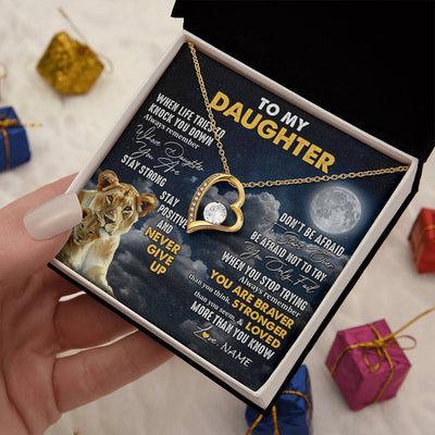 Forever Love Necklace 18K Yellow Gold Finish | 2 | Personalized To My Daughter Necklace From Mom Mother Lion Never Give Up Daughter Birthday Graduation Jewelry Christmas Customized Gift Box Message Card | siriusteestore