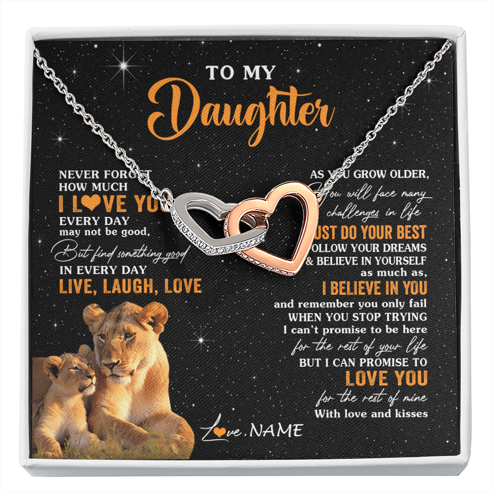Interlocking Hearts Necklace Stainless Steel & Rose Gold Finish | 1 | Personalized To My Daughter Necklace From Mom Mother Live Laugh Love Lion Daughter Birthday Positive Graduation Christmas Customized Gift Box Message Card | siriusteestore