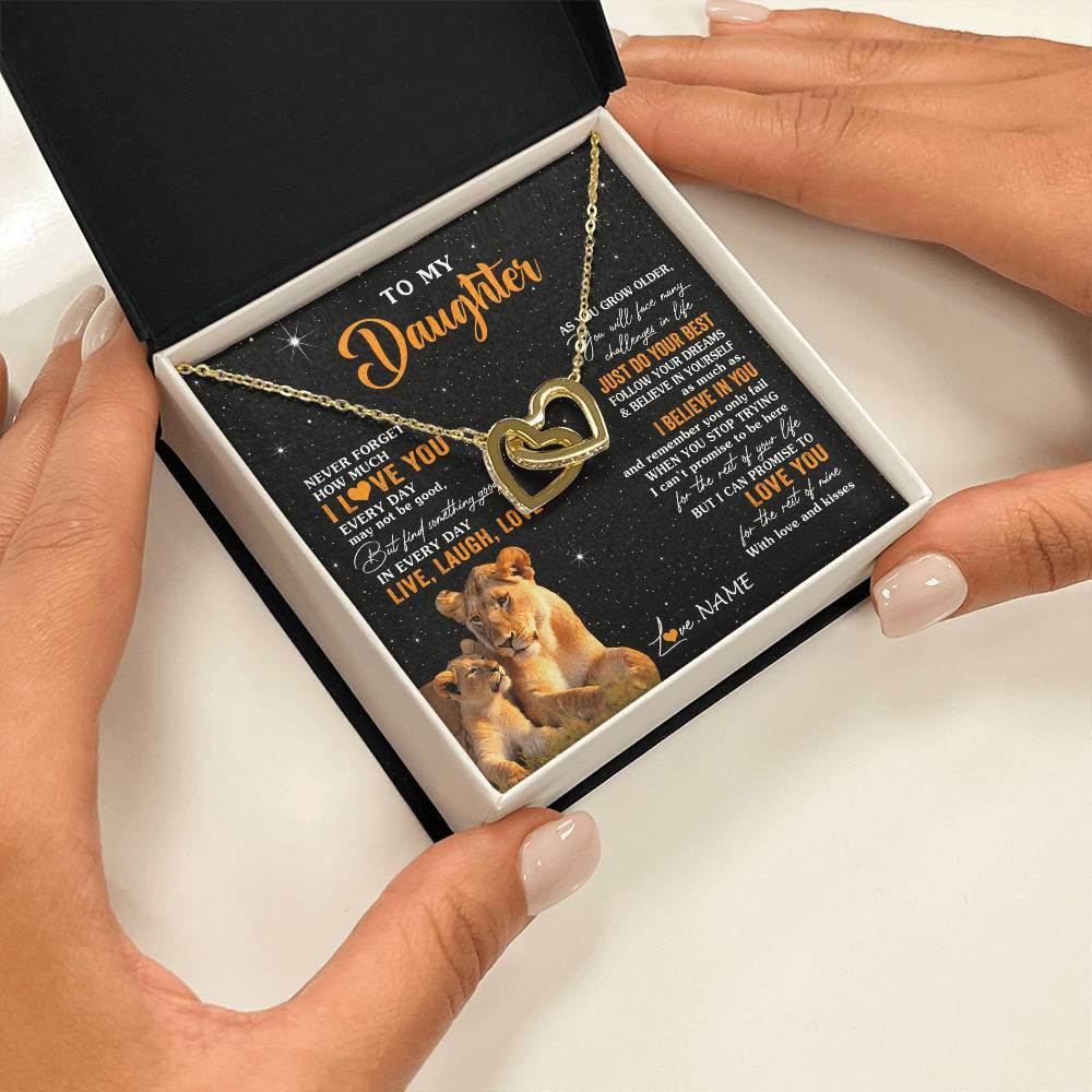 Interlocking Hearts Necklace 18K Yellow Gold Finish | 2 | Personalized To My Daughter Necklace From Mom Mother Live Laugh Love Lion Daughter Birthday Positive Graduation Christmas Customized Gift Box Message Card | siriusteestore