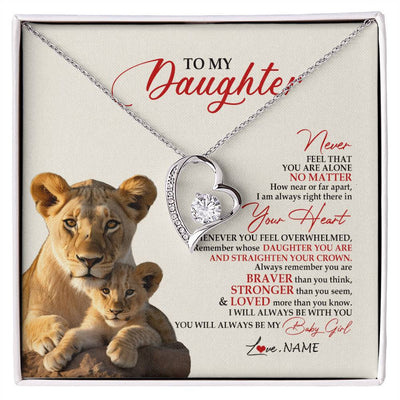 Forever Love Necklace 14K White Gold Finish | 1 | Personalized To My Daughter Necklace From Mom Mother Never Feel You Are Alone Lion Daughter Birthday Graduation Christmas Customized Gift Box Message Card | siriusteestore