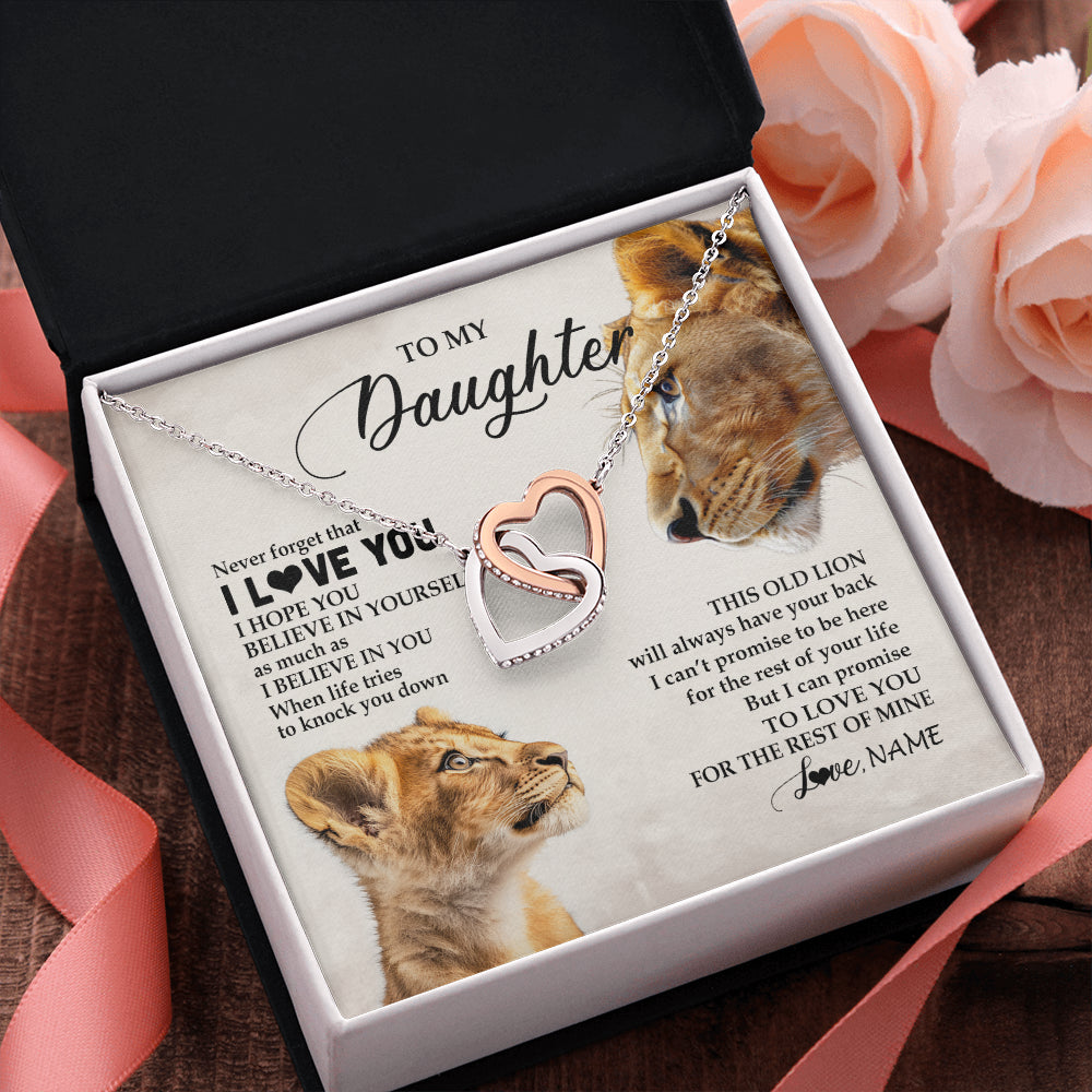 Interlocking Hearts Necklace Stainless Steel & Rose Gold Finish | 2 | Personalized To My Daughter Necklace From Mom Mother Never Forget I Love You Lion Daughter Birthday Graduation Christmas Customized Message Card | siriusteestore