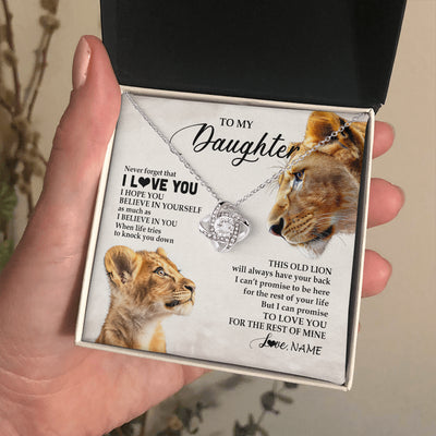 Love Knot Necklace 14K White Gold Finish | 2 | Personalized To My Daughter Necklace From Mom Mother Never Forget I Love You Lion Daughter Birthday Graduation Christmas Customized Message Card | siriusteestore
