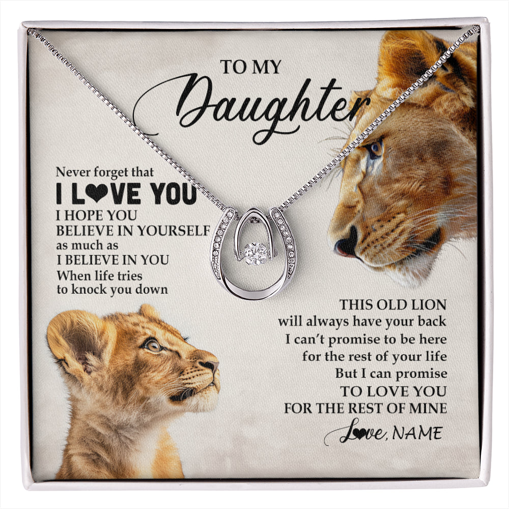 Lucky In Love Necklace 14K White Gold Finish | 1 | Personalized To My Daughter Necklace From Mom Mother Never Forget I Love You Lion Daughter Birthday Graduation Christmas Customized Message Card | siriusteestore