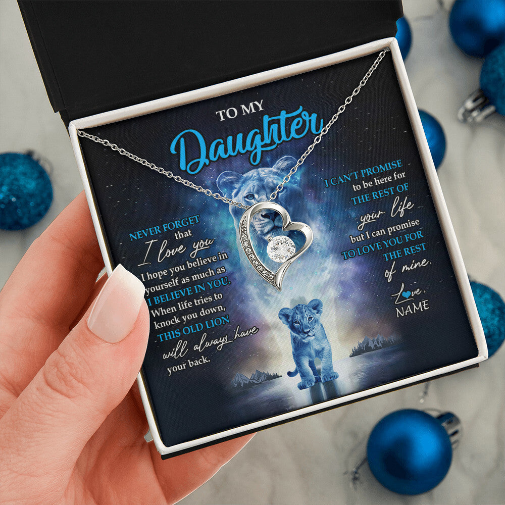 Forever Love Necklace 14K White Gold Finish | 2 | Personalized To My Daughter Necklace From Mom Mother Never Forget I Love You Lion Daughter Jewelry Birthday Graduation Christmas Customized Message Card | siriusteestore