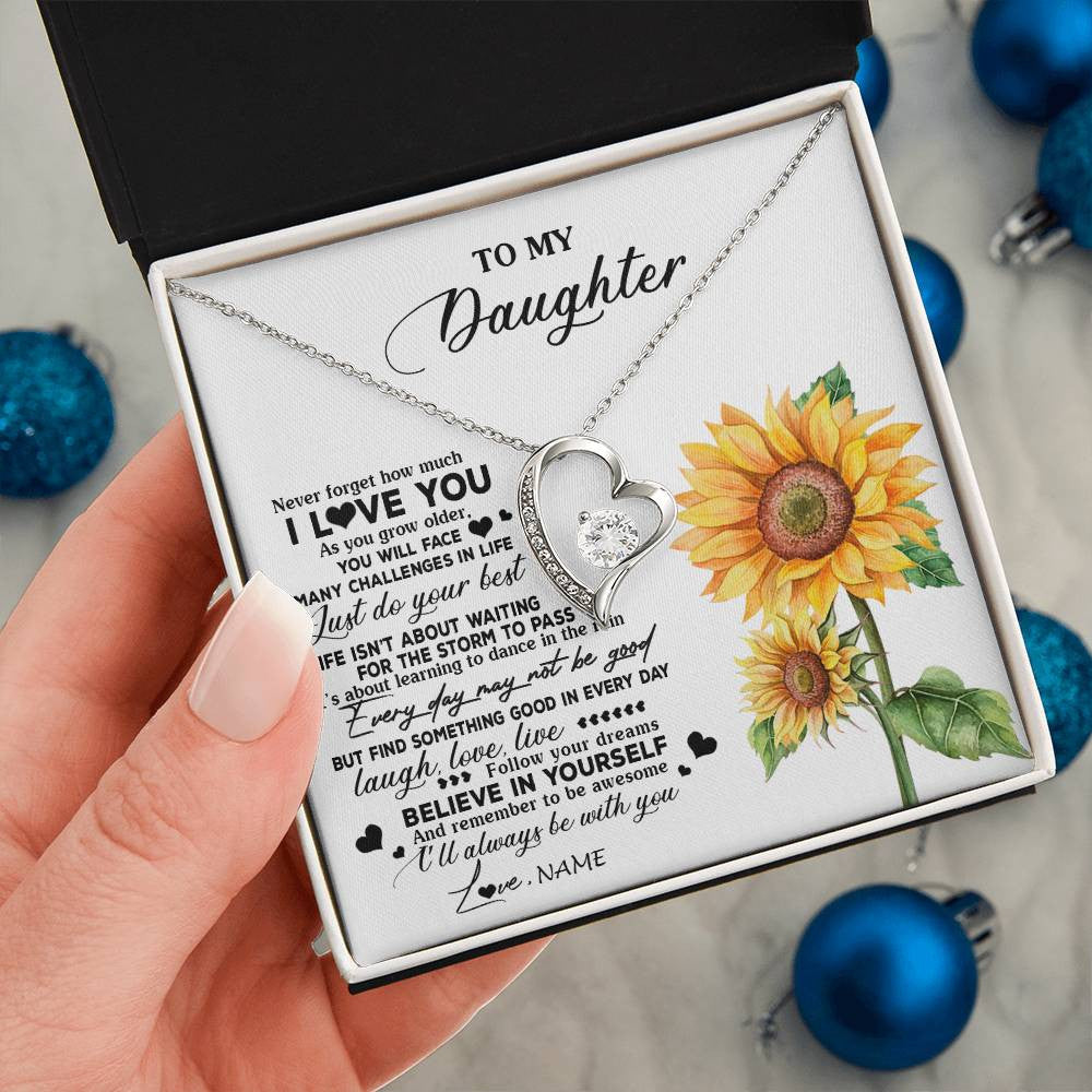Forever Love Necklace 14K White Gold Finish | 2 | Personalized To My Daughter Necklace From Mom Mother Sunflower Wood Laugh Love Live Daughter Birthday Graduation Christmas Customized Gift Box Message Card | siriusteestore