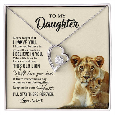 Forever Love Necklace 14K White Gold Finish | 1 | Personalized To My Daughter Necklace From Mom Mother This Old Lion Never Forget I Love You Daughter Jewelry Birthday Christmas Customized Gift Box Message Card | siriusteestore