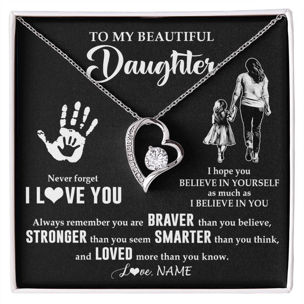 Forever Love Necklace 14K White Gold Finish | 1 | Personalized To My Daughter Necklace From Mom Never Forget I Love You Daughter Birthday Gifts Christmas New Year Graduation Customized Gift Box Message Card | siriusteestore