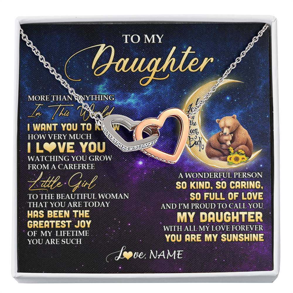 Interlocking Hearts Necklace Stainless Steel & Rose Gold Finish | 1 | Personalized To My Daughter Necklace From Mom Positive Energy Encourage Brave Little Bear Daughter Birthday Gifts Christmas Customized Gift Box Message Card | siriusteestore