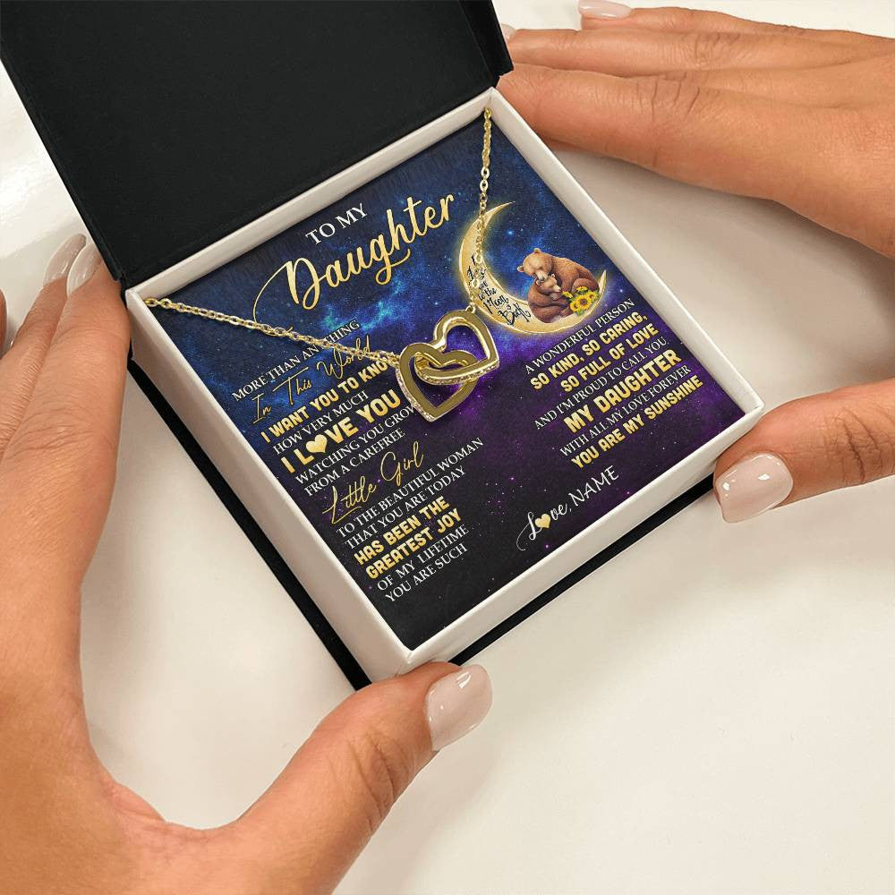 Interlocking Hearts Necklace 18K Yellow Gold Finish | 2 | Personalized To My Daughter Necklace From Mom Positive Energy Encourage Brave Little Bear Daughter Birthday Gifts Christmas Customized Gift Box Message Card | siriusteestore