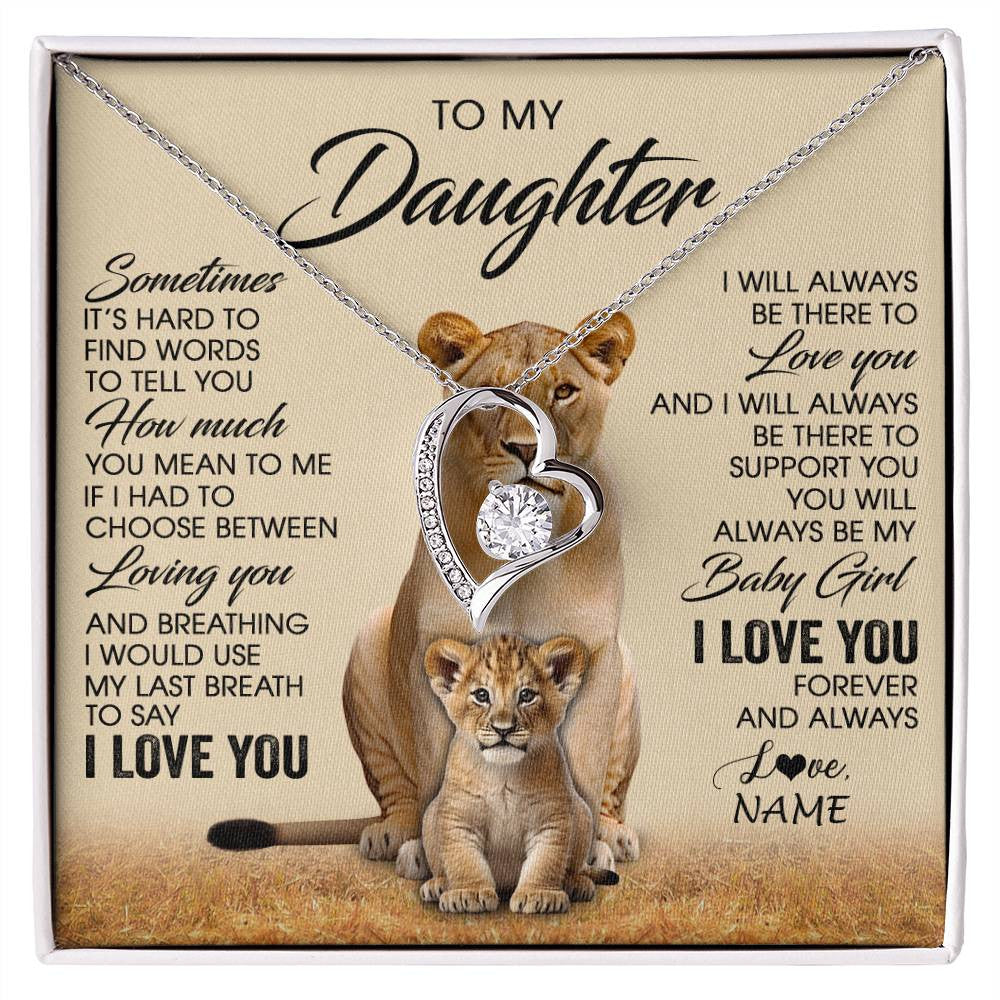 Forever Love Necklace 14K White Gold Finish | 1 | Personalized To My Daughter Necklace From Mom Sometimes It's Hard Lion Daughter Gift Birthday Jewelry Graduation Christmas Customized Gift Box Message Card | siriusteestore