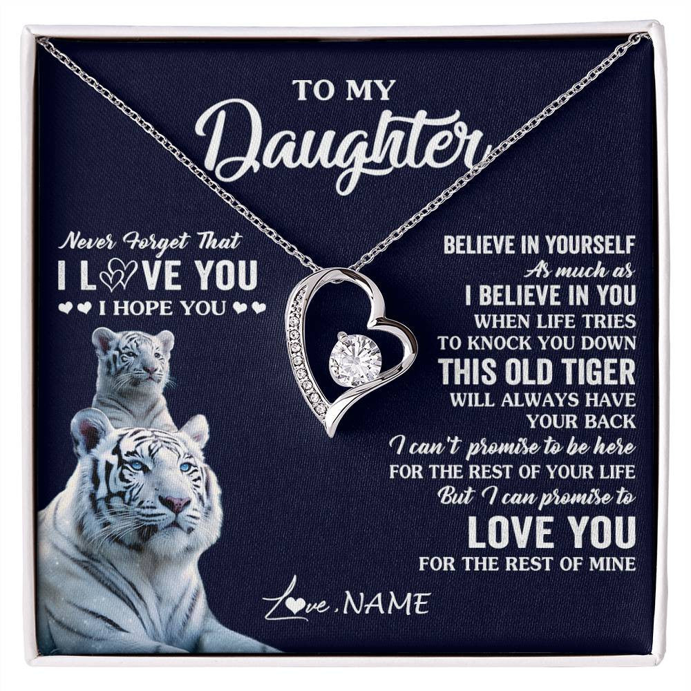 Forever Love Necklace 14K White Gold Finish | 1 | Personalized To My Daughter Necklace Gift From Mom Dad Mother This Old Tiger Love You Daughter Birthday Graduation Christmas Customized Gift Box Message Card | siriusteestore