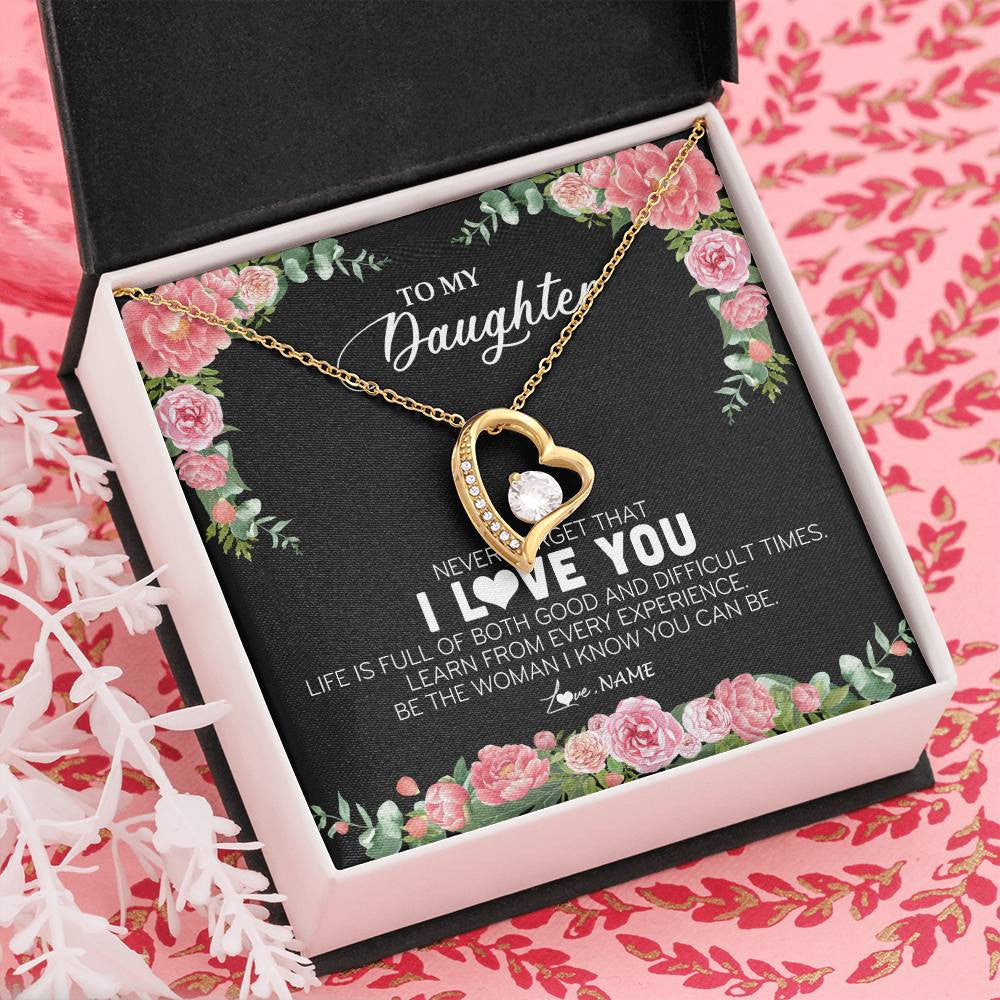 Forever Love Necklace 18K Yellow Gold Finish | Personalized To My Daughter Necklace from Dad Father Never Forget I Love You Floral Jewelry for Daughter Birthday Graduation Christmas Customized Message Card | siriusteestore
