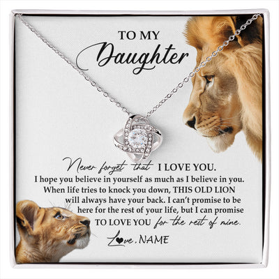 Love Knot Necklace 14K White Gold Finish | 1 | Personalized To My Daughter Necklace from Dad Father Never Forget I Love You Lion Jewelry Daughter Birthday Graduation Christmas Customized Message Card | siriusteestore