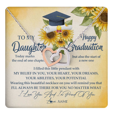 Interlocking Hearts Necklace Stainless Steel & Rose Gold Finish | 1 | Personalized To My Daughter On Her Graduation Day Necklace Flower I Love You I'm Proud Of You Class of 2024 Daughter Jewelry Customized Gift Box Message Card | siriusteestore
