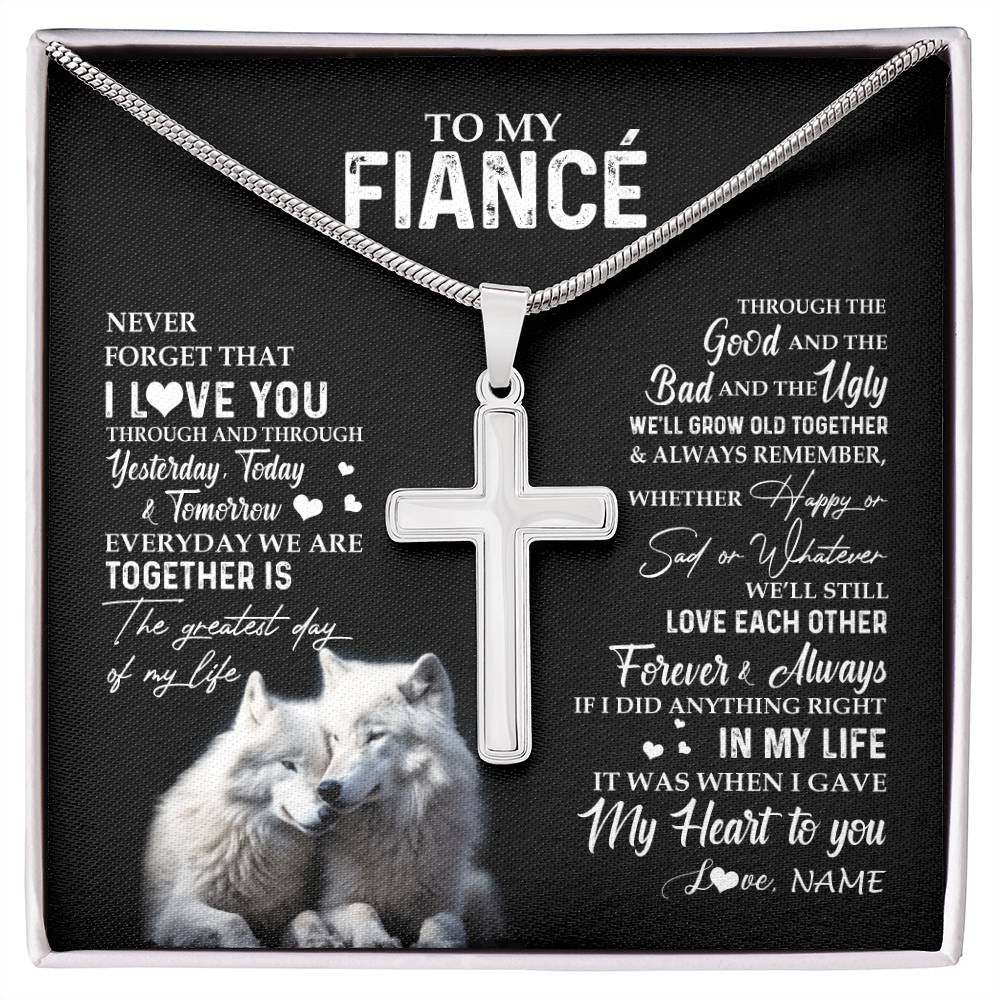 Stainless Cross Necklace Stainless Steel | 1 | Personalized To My Fiancé Necklace From Fiancée Wolf Never Forget That I Love You Fiancé Birthday Valentine Day Christmas Customized Gift Box Message Card | siriusteestore