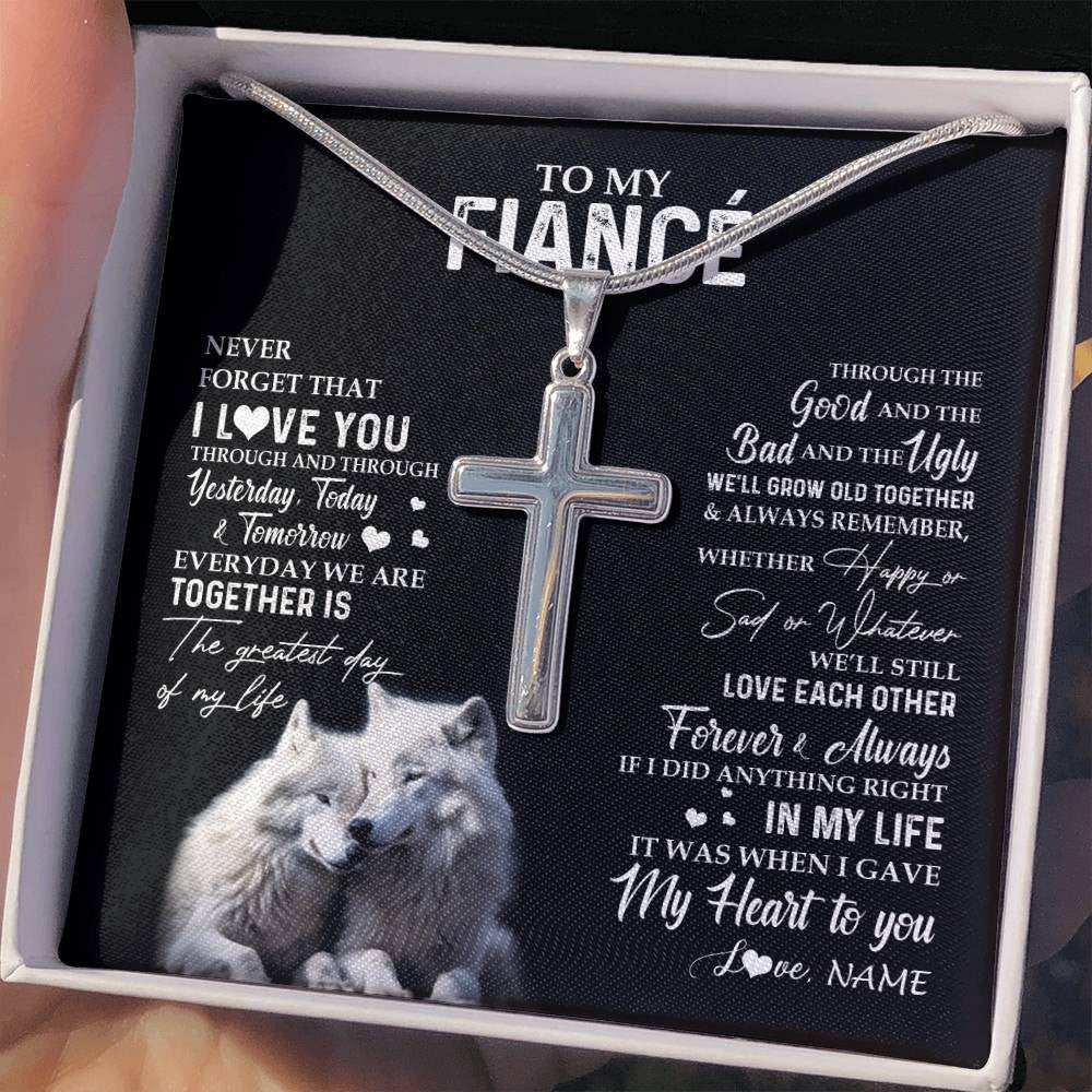 Stainless Cross Necklace Stainless Steel | 2 | Personalized To My Fiancé Necklace From Fiancée Wolf Never Forget That I Love You Fiancé Birthday Valentine Day Christmas Customized Gift Box Message Card | siriusteestore