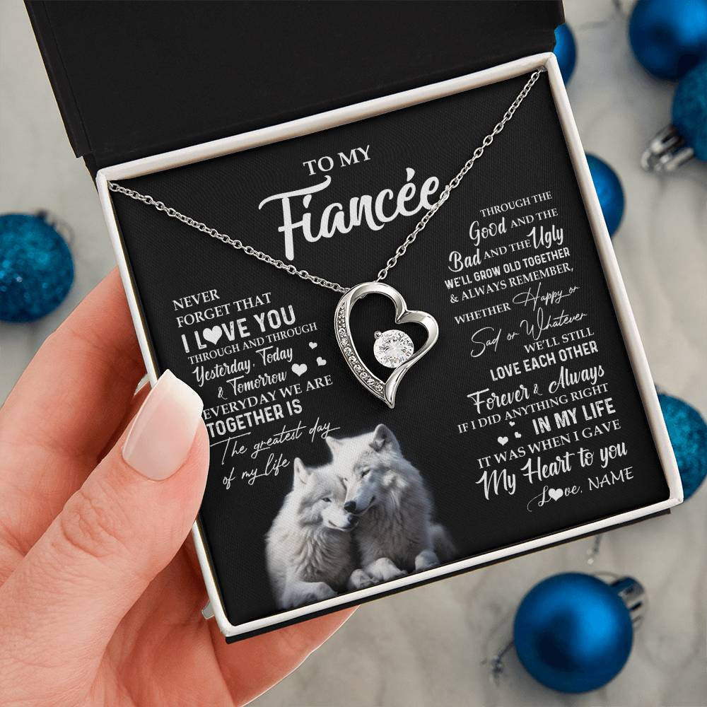 Forever Love Necklace 14K White Gold Finish | 2 | Personalized To My Fiancée Necklace From Fiancé Wolf Never Forget That I Love You Fiancée Birthday Valentine Day Christmas Customized Gift Box Message Card | siriusteestore