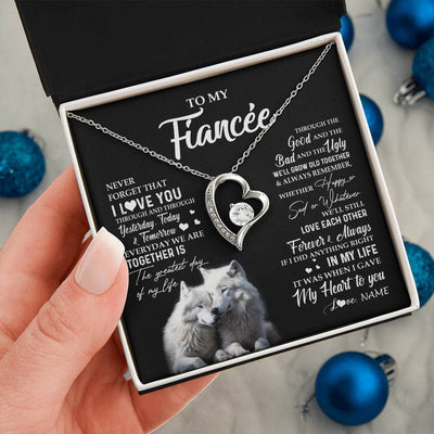 Forever Love Necklace 14K White Gold Finish | 2 | Personalized To My Fiancée Necklace From Fiancé Wolf Never Forget That I Love You Fiancée Birthday Valentine Day Christmas Customized Gift Box Message Card | siriusteestore