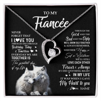 Forever Love Necklace 14K White Gold Finish | 1 | Personalized To My Fiancée Necklace From Fiancé Wolf Never Forget That I Love You Fiancée Birthday Valentine Day Christmas Customized Gift Box Message Card | siriusteestore