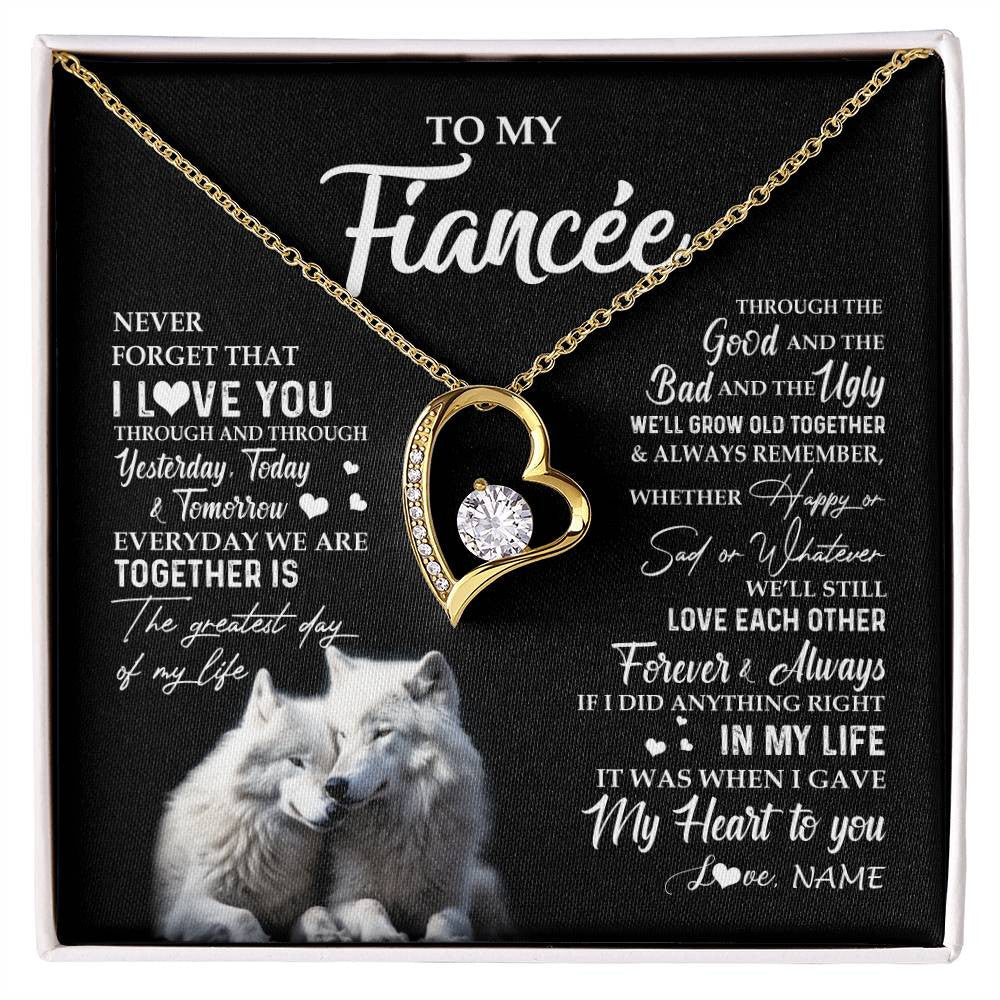 Forever Love Necklace 18K Yellow Gold Finish | 1 | Personalized To My Fiancée Necklace From Fiancé Wolf Never Forget That I Love You Fiancée Birthday Valentine Day Christmas Customized Gift Box Message Card | siriusteestore