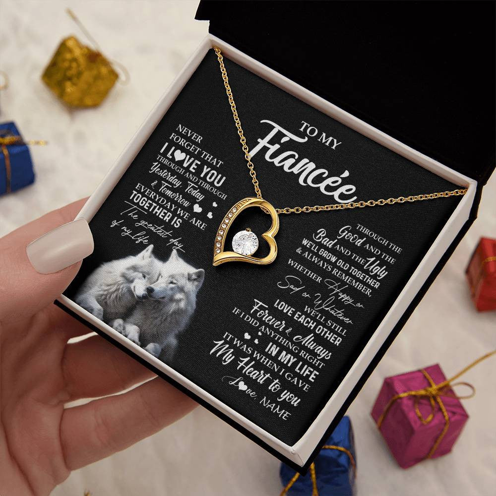 Forever Love Necklace 18K Yellow Gold Finish | 2 | Personalized To My Fiancée Necklace From Fiancé Wolf Never Forget That I Love You Fiancée Birthday Valentine Day Christmas Customized Gift Box Message Card | siriusteestore