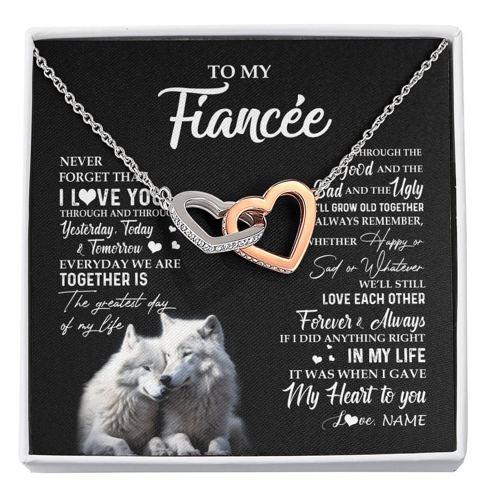 Interlocking Hearts Necklace Stainless Steel & Rose Gold Finish | 1 | Personalized To My Fiancée Necklace From Fiancé Wolf Never Forget That I Love You Fiancée Birthday Valentine Day Christmas Customized Gift Box Message Card | siriusteestore
