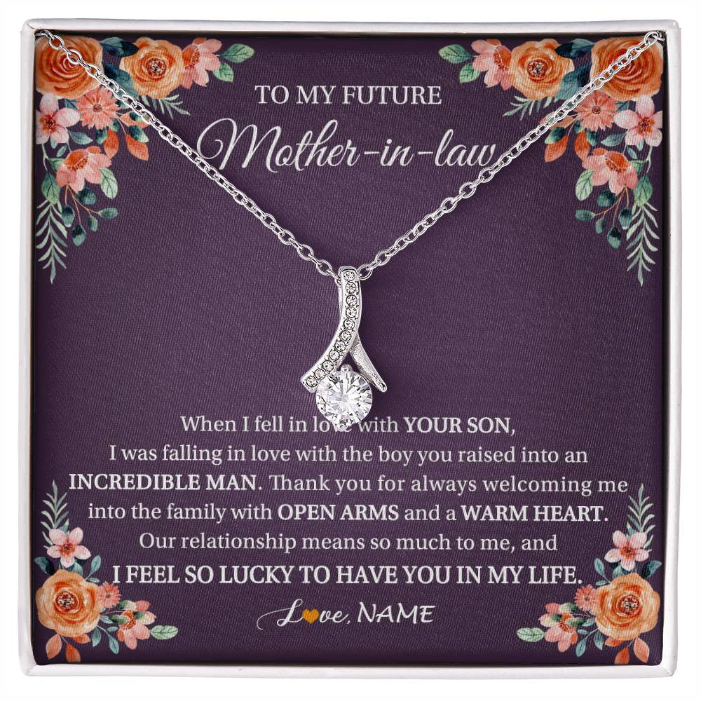 Alluring Beauty Necklace 14K White Gold Finish | 1 | Personalized To My Future Mother In Law Necklace Thank You Mother Of The Groom Boyfriend's Mom Wedding Day Birthday Christmas Jewelry Gift Box Message Card | siriusteestore