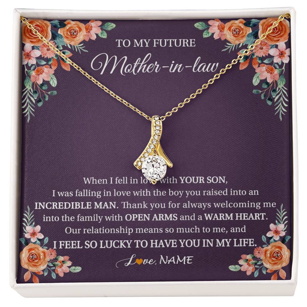 Alluring Beauty Necklace 18K Yellow Gold Finish | 1 | Personalized To My Future Mother In Law Necklace Thank You Mother Of The Groom Boyfriend's Mom Wedding Day Birthday Christmas Jewelry Gift Box Message Card | siriusteestore