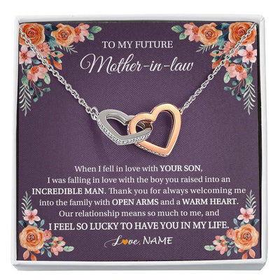 Interlocking Hearts Necklace Stainless Steel & Rose Gold Finish | 1 | Personalized To My Future Mother In Law Necklace Thank You Mother Of The Groom Boyfriend's Mom Wedding Day Birthday Christmas Jewelry Gift Box Message Card | siriusteestore