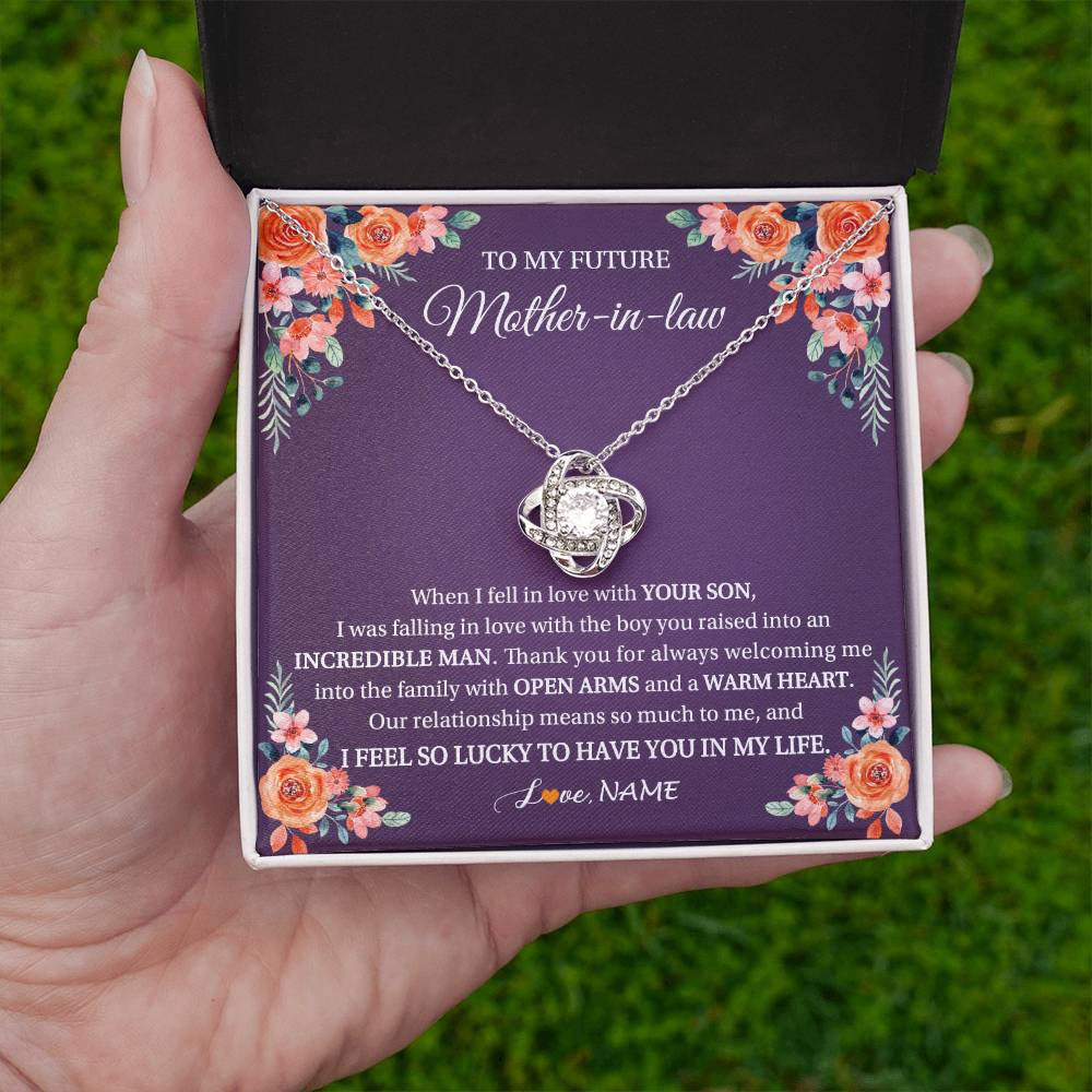 Love Knot Necklace 14K White Gold Finish | 2 | Personalized To My Future Mother In Law Necklace Thank You Mother Of The Groom Boyfriend's Mom Wedding Day Birthday Christmas Jewelry Gift Box Message Card | siriusteestore