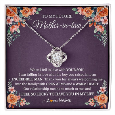 Love Knot Necklace 14K White Gold Finish | 1 | Personalized To My Future Mother In Law Necklace Thank You Mother Of The Groom Boyfriend's Mom Wedding Day Birthday Christmas Jewelry Gift Box Message Card | siriusteestore